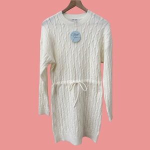 Cloud Ten Sweater Dress L cream Cable Knit Drawstring